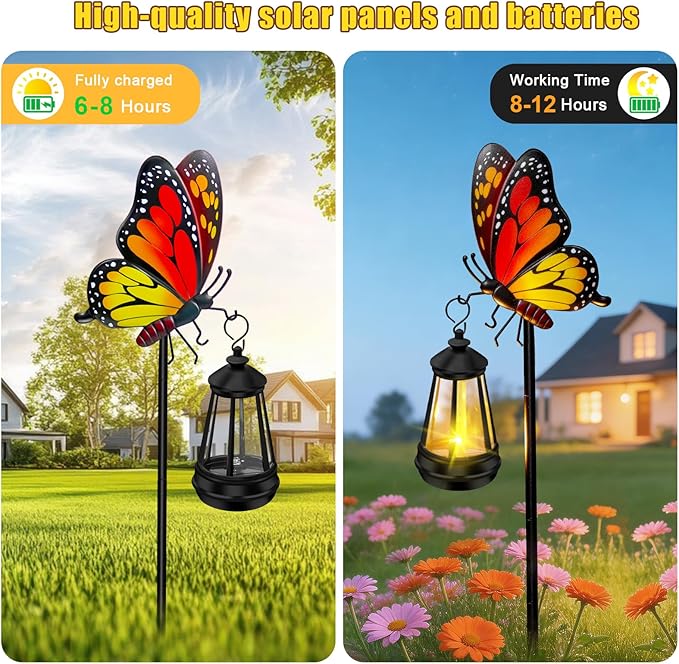 ZFNN Solar Garden Decor Lights Outdoor Waterproof, Metal Butterfly Stakes with Solar Lanterns, Decorative Yard Art for Outside Patio Lawn Ornaments, Gifts for Women Mom（2Pack）