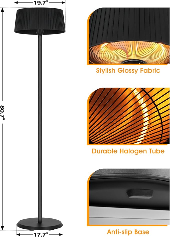 Electric Patio Heater, 1500W Freestanding Infrared Heater for Indoor & Outdoor with IP55 Waterproof, Tip-Over Protection, Quiet Operation, Perfect for Garden, Balcony, Garage, Backyard