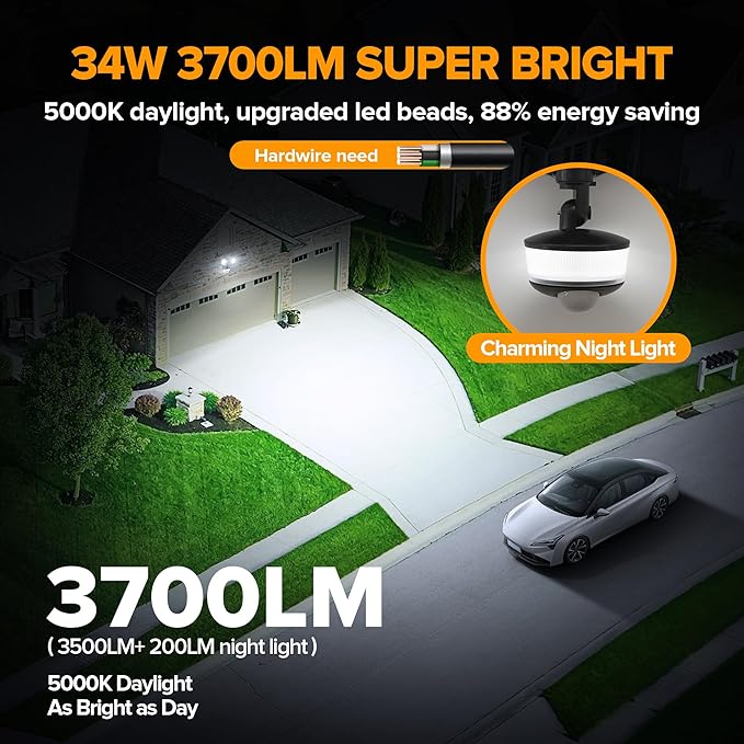 LUTEC 34W 3700 Lumen LED Security Lights Motion Sensor Light Outdoor with Night Light, 5000K IP65 Waterproof, Dusk to Dawn, Hardwired Motion Detector Flood Light for Garage, Yard-Black Night Light