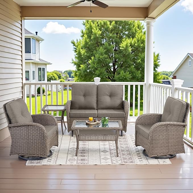 Belord 5 Piece Wicker Patio Furniture Set - Outdoor Conversation Sets with Deep Seating Swivel Rocker Chairs Loveseat and Rattan Coffee Table for Deck Backyard Poolside, Gray Wicker/Gray Cushion