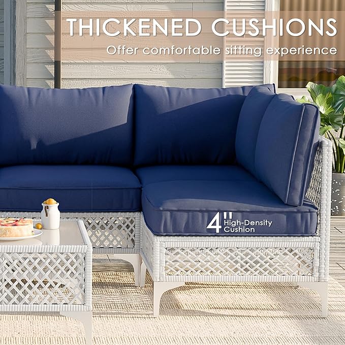 Vikiullf Patio Conversation Set, 7 Piece Outdoor Sectional Sofa Set with Coffee Table, White Wicker with Black Cushions (White and Blue, 7 piece)