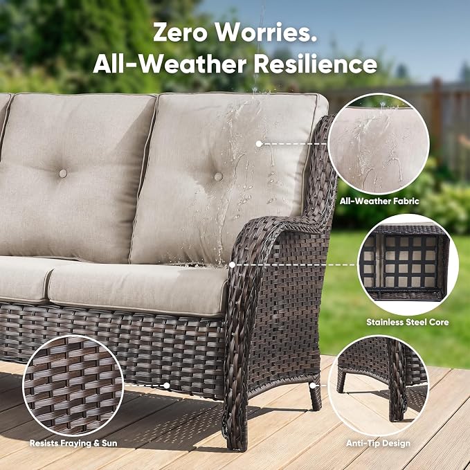 Belord 6 Piece Wicker Patio Furniture Set, Outdoor Swivel Rocker Chairs Set of 2 with Ottomans and Loveseat, All Weather Patio Conversation Furniture Set, for Pool,Yard,SunroomBrown Wicker/Beige