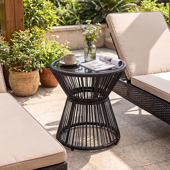 Tangkula Outdoor Side Table with LED Warm Light, PE Rattan Hourglass-Shaped End Table with Tempered Glass Top, Battery Operated Accent Coffee Table for Patio, Porch, Balcony & Living Room (2)