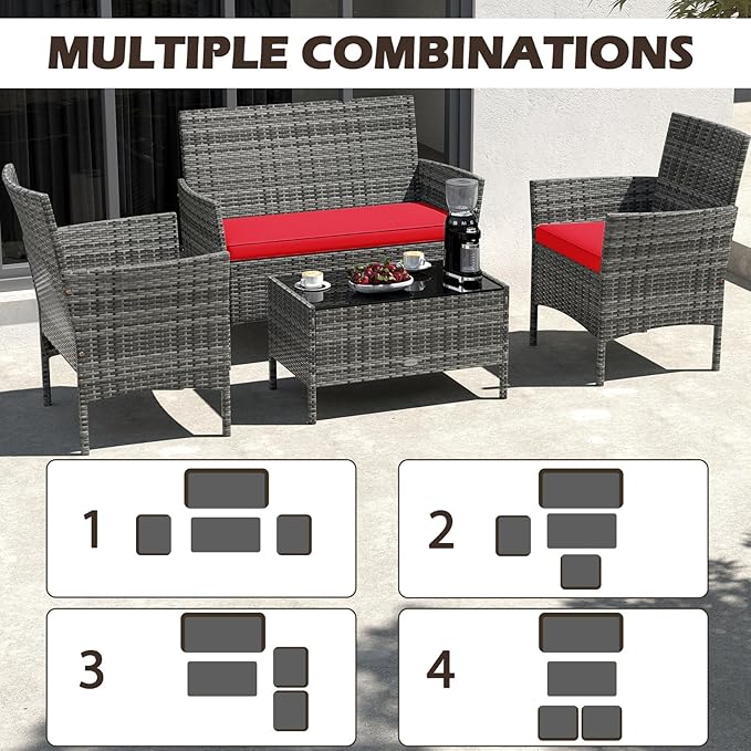 Tangkula 4 Pieces Patio Rattan Conversation Set, Outdoor Wicker Furniture Set with Cushioned Chair, Loveseat & Tempered Glass Table, Outside Sectional Sofa Set for Backyard (G-red,1)
