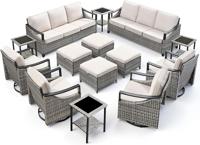14 Piece Outdoor Patio Furniture Sets-High Back Wicker Swivel Rocker Patio Chairs Set of 4 with Thick Cushions Ottomans, Outdoor Sofa, Patio Conversation Sets for Porch Balcony Patio Deck Grey/Beige