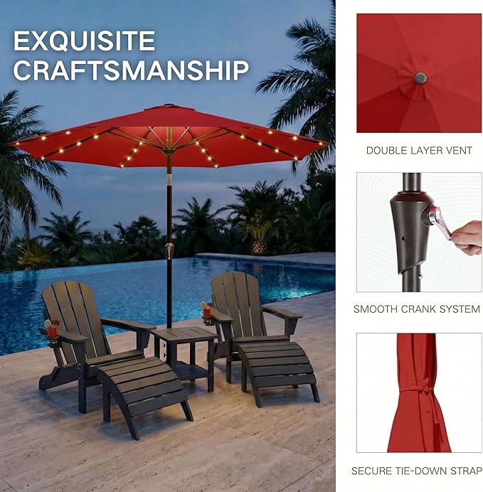 Kingdura 10FT Outdoor Patio Umbrella with Solar Lights, Market Table Umbrella with Push Button Tilt & Crank, 8 Sturdy Ribs, 32 LED Lights, UV Protection for Garden Lawn Deck Backyard Pool (Red)