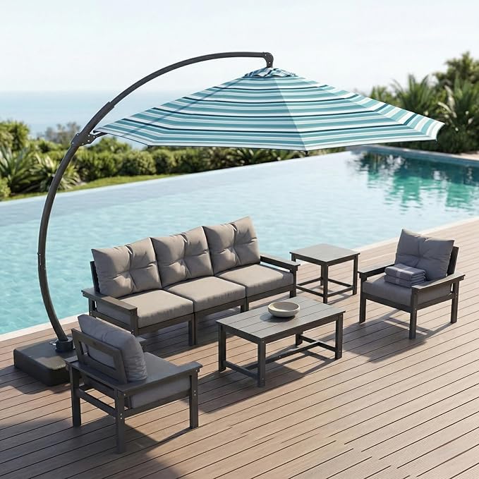 12 FT Cantilever Umbrella with Base Included, Large Round 360° Rotation Offset Umbrella Outdoor Patio, Heavy Duty Aluminum Frame, Sand-Weighted Stand, for Deck, Backyard, Pool, Garden (Blue and green stripes)