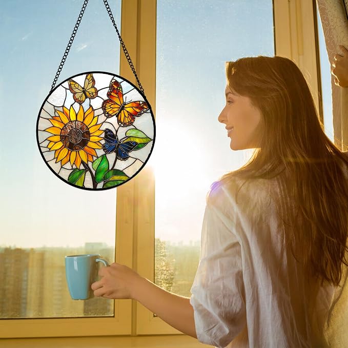DASTOLL Stained Glass Window Hanging, Butterfly and Sunflowers Sun Catchers Glass Panel Plant Insects Suncatcher Decor for Birthday for Women, Men, Wife, Aunt, and Mom 7.8 in