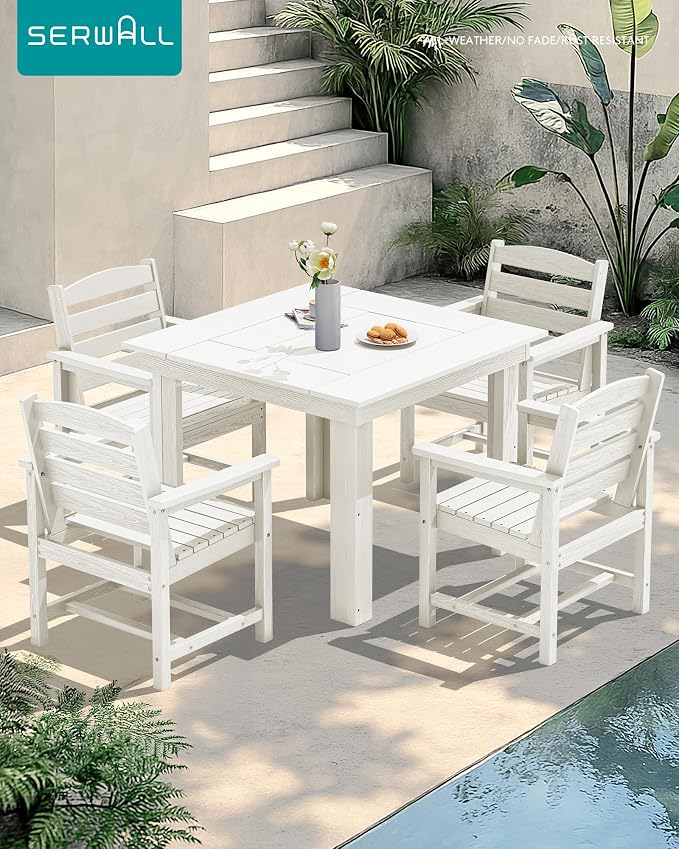 SERWALL Outdoor Dining Set for 4, HDPE Square Table and Chairs Set All Weather Patio Dining Set with 4 Classic Dining Chairs, 5-Piece Patio Dining Furniture for Deck, White