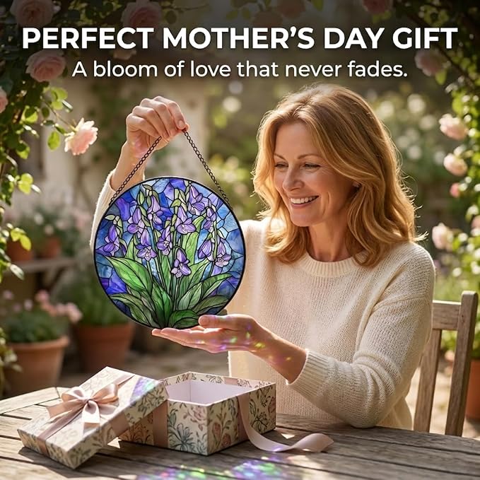 Birthday Gifts for Women - Violet Flowers Faux Stained Glass Window Hanging Sun Catcher for Door Garden Acrylic Decor Mother's Day Christmas for Mom Nana Grandma Sisters Wife 7.8"