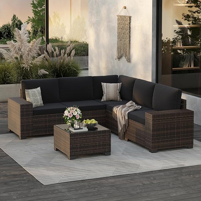 Soohow 6-Piece Patio Furniture Set All-Weather Outdoor Wicker Sectional Conversation Set with Cushion and Glass Table for Garden, Porch, Backyard, Black Cushions