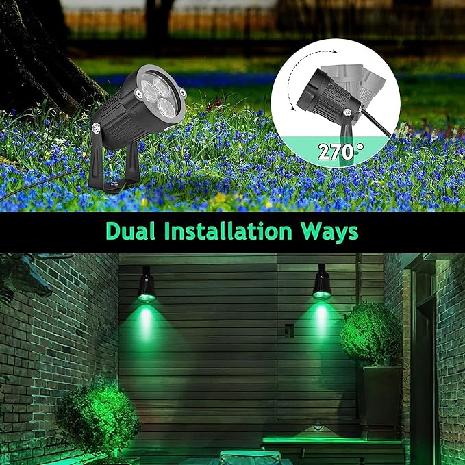 OurLeeme 3 * 3W LED Lawn Garden Flood Light US Plug Yard Patio Path Spotlight Lamp with Spike Waterproof Green Light AC 85-265V