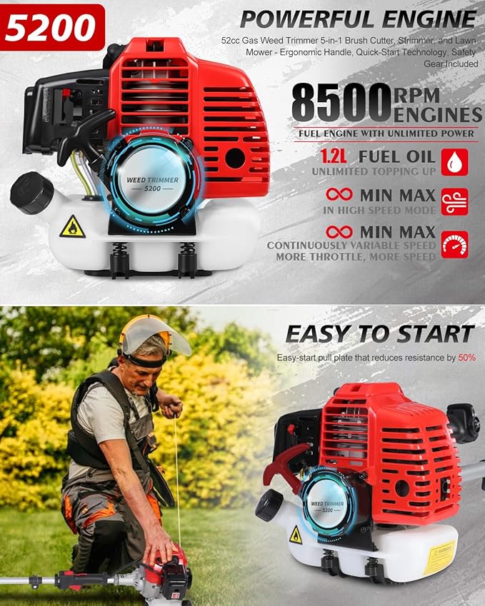 5-in-1 Gas Weed Wacker 52CC 2-Stroke – String Trimmer/Edger, Pole Saw, Hedge Trimmer & Brush Cutter with Extension Pole – Gas Powered Yard Tool for Landscaping (GT5110)