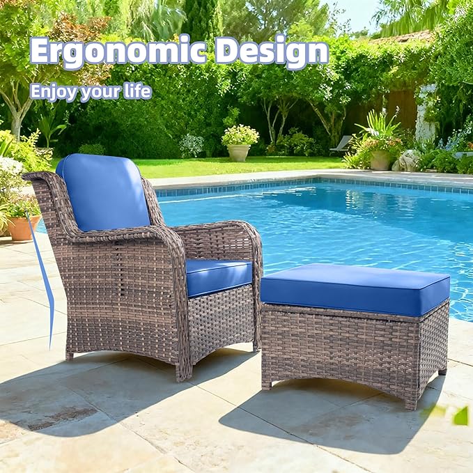 2 Pcs High Back Wicker Patio Chair Set with Ottoman, Outdoor Porch Chair with Thick Cushion for Balcony Deck Yard and Porch, Blue