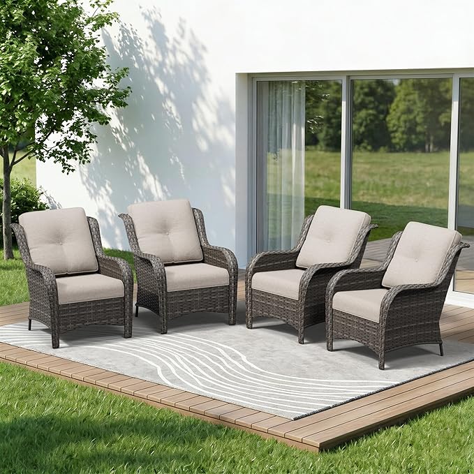 4 Piece Outdoor Wicker Patio Furniture Set, Patio Chairs Set of 4 with Thickened Olefin Cushions, High Back and Deep Seating, Hand-Woven PE Rattan for Porch, Deck, Beige