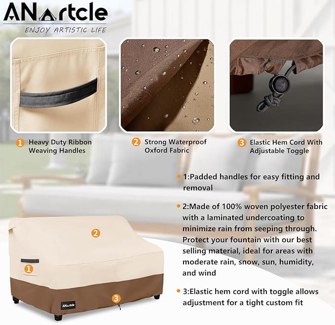 ANartcle 2-Seater Patio Loveseat Cover,60W x 34D x 30H Inches Outdoor Couch Cover,100% Waterproof Heavy Duty Outdoor Sofa Covers,Patio Furniture Covers,Beige&Brown