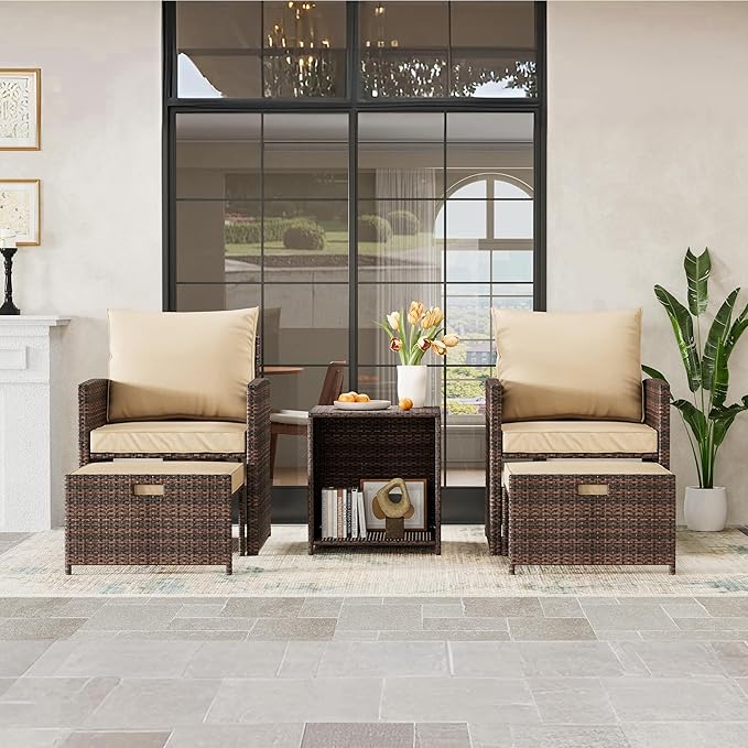 GAOMON Patio Furniture Set with Ottoman, 5 Pieces Outdoor Patio Conversation Set, Wicker Lounge Chairs with Soft Cushions & Storage Table, Outside Balcony Furniture for Porch Balcony Deck Poolside