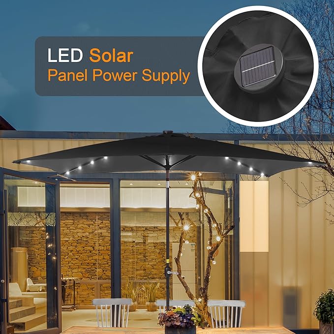 Rectangle Patio Umbrella with Solar Lights, 10 x 6.5ft Rectangular Outdoor Umbrella Table Market Patio Umbrella with Push Button Tilt and Crank for Garden, Deck, Backyard, Pool
