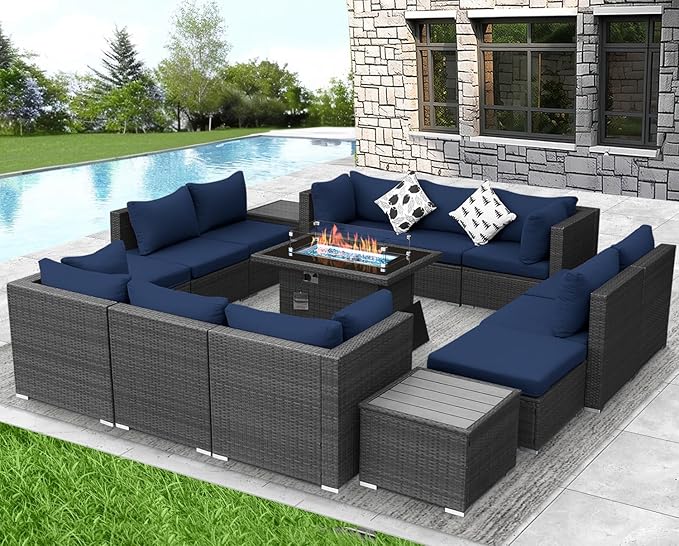 NICESOUL 15 Piece Outdoor Sectional with Fire Pit Table, Modern Luxury Patio Deep Seating w/Firepit, 29.3'' High-Back Wicker Couch Thick, Big High-Weight Capacity Sofa for Terrace, Yard, Gray & Blue