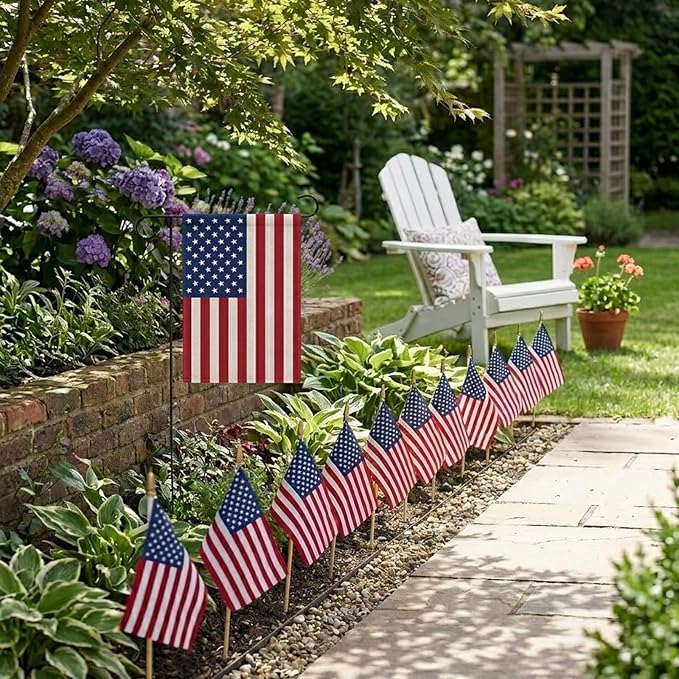 JRED 12 Pack Cotton Small American Flags on Stick, Mini 4x6 Inch Handheld US USA Flag with Kid-Safety Spear Top, 4th of July USA 250th Anniversary Memorial Day Decorations