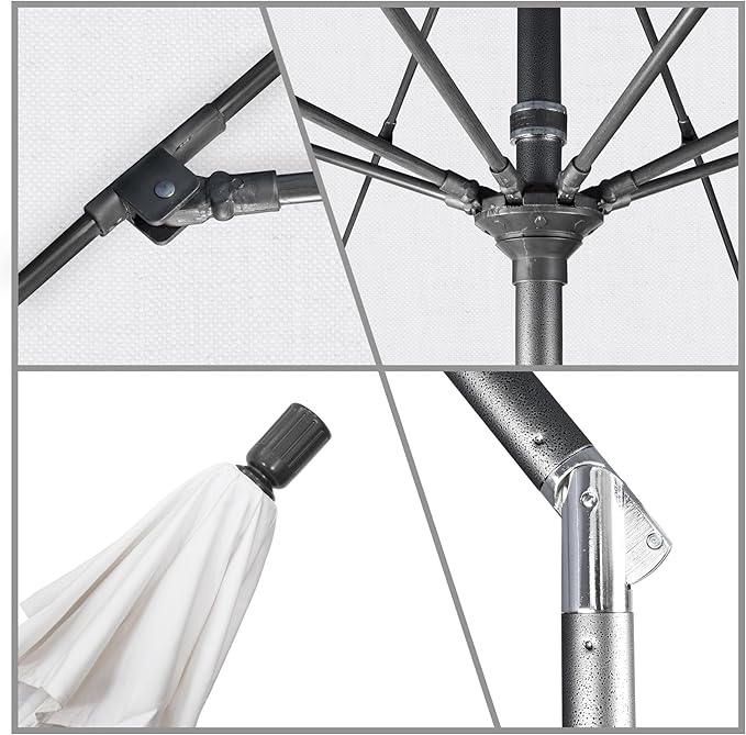 California Umbrella 11Ft Fiberglass Rib Patio Umbrella, Hand-Crank, Tilt-Collar, Gray Frame, Solution Dyed White Fabric