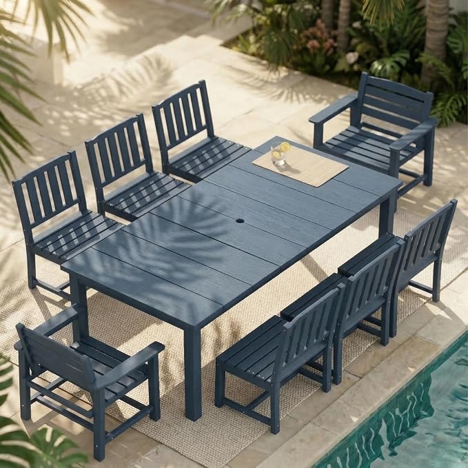 Kingdura 9 Piece Patio Dining Set for 8, 75.2'' HDPE Outdoor Dining Table Set with 2" Umbrella Hole, Weather-Resistant Outdoor Furniture, Table and Chairs Set for Backyard Pool Garden, Navy Blue