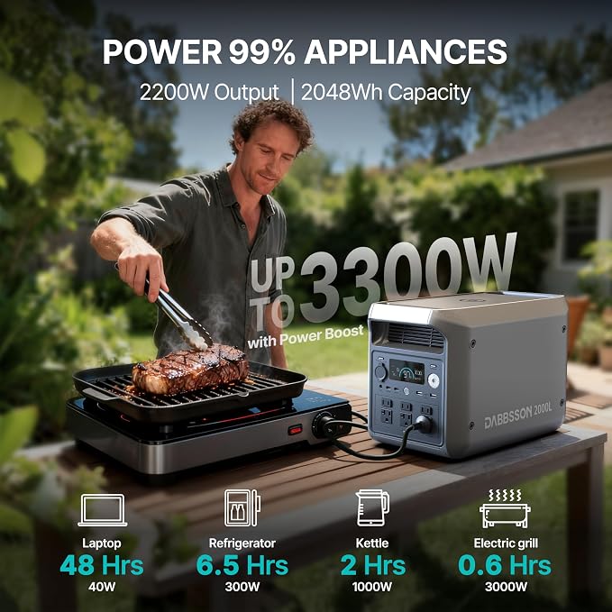 DABBSSON 2000L Solar Generator with Charger S, 2048Wh Semi-Solid LiFePO4, 560W Alternator Charger, 2200W AC x6, P-Boost 3300W, Compact&Lightweight, 1.3X Runtime, Portable Power Station for Camping/RV