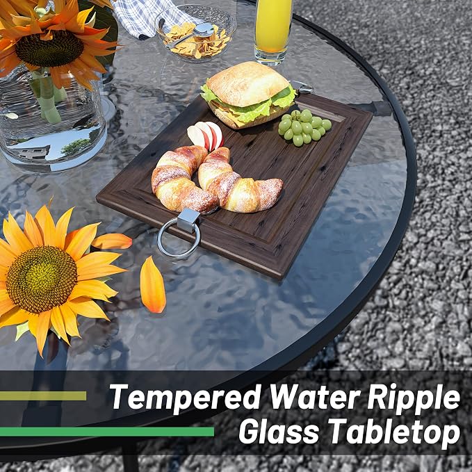 JINLLY 32 Inch Patio Table with Umbrella Hole, Round Glass Patio Table, Outdoor Bistro Dining Tables with Tempered Glass Tabletop and Metal Frame for Outside, Garden, Balcony