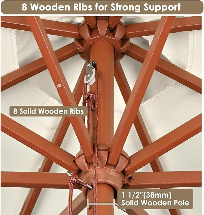Yescom 9ft Coastal Solid Wood Umbrella Pulley Lift Commercial Base with Wheel Included for Seaside Restaurant Terrace Poolside Beach Club