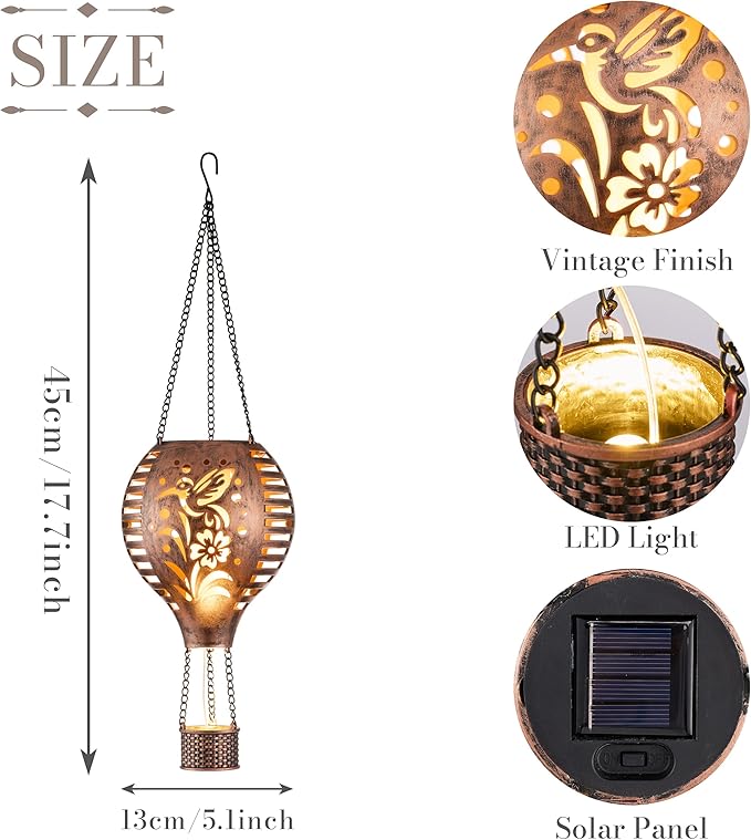 TERESA'S COLLECTIONS 1 Pack Hummingbird Hot Air Balloon Hanging Solar Lantern for Garden Decor,10.6 Inch Outdoor Lights for Tree Yard Decorations,Patio Yard Front Porch Lawn Ornaments as Gifts for Mom