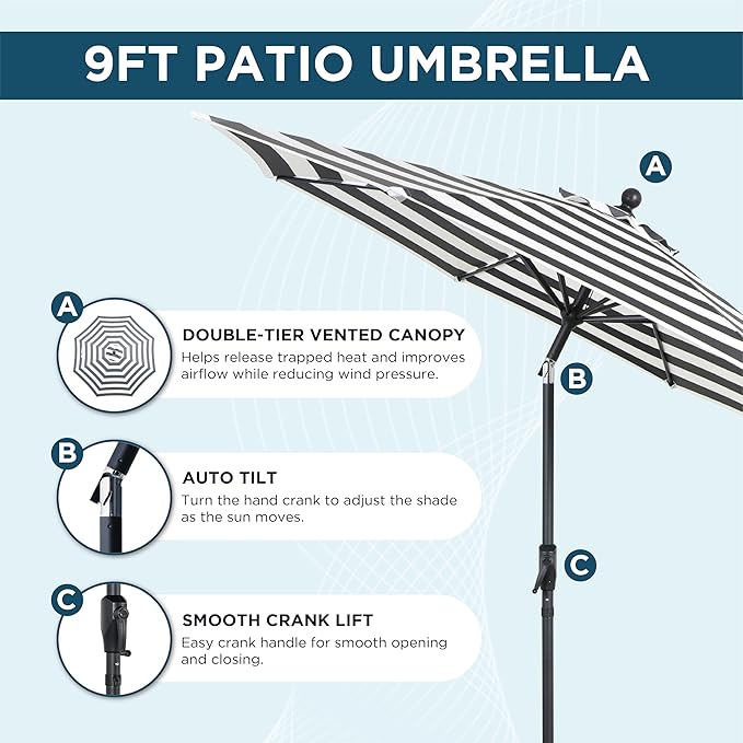 9FT Outdoor Patio Umbrella with Crank Lift & Auto Tilt - Market Umbrella, 8 Heavy-Duty Ribs, UV Resistant & Water-Repellent for Garden, Deck, Poolside & Backyard