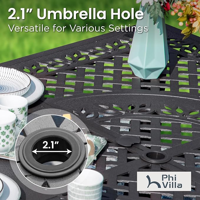 PHI VILLA 9 Pieces Cast Aluminum Outdoor Dining Set for 8, Square Metal Table with Umbrella Hole & Cushioned Rattan Wicker Chairs, Dining Furniture Set for Patio, Deck, Yard and Porch