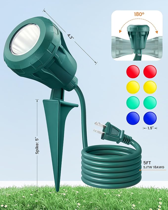 SURAIELEC 2-Pack Christmas Spot Lights Outdoor, 800 LM Waterproof LED Stake Light with 4 Color Lenses (Red, Green, Blue, Yellow), 4000K Landscape Light for Yard, House, 5FT Extension Cord, ETL Listed