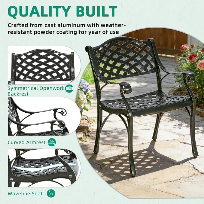 VIVIJASON 3 Piece Patio Bistro Set, Cast Aluminum Outdoor Dining Set with 42" x 24" Rectangular Table and 2 Chairs, Rust Proof & Weather Resistant Furniture for Small Balcony, Porch, Garden, Deck