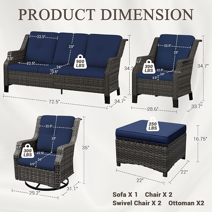 7 Pieces Patio Furniture Set, Outdoor Furniture Set with 2 Patio Swivel Rocking Chairs, 2 Patio Wicker Chair, 2 Ottoman, 1 Outdoor Wicker Sofa, Ideal for Backyard, Garden, Poolside, Blue