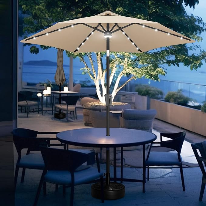 FLAME&SHADE 7.5 FT Solar Light Patio Umbrella, 24 LED Lights Outdoor Umbrella with Centre Surround Light, Table Umbrella Outdoor Patio for Deck, Pool, Backyard, Garden, UV Protection (Beige)