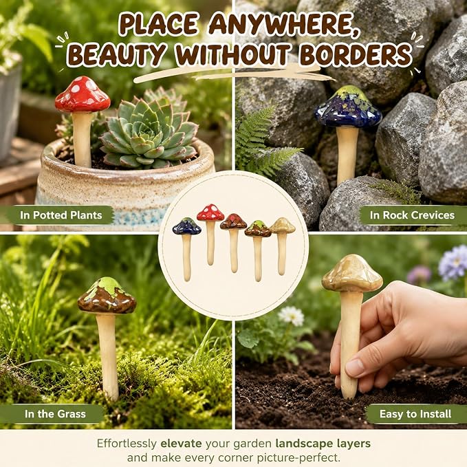 5 Pcs Ceramic Mushrooms for Garden Decor, Outdoor Fairy Garden, Yard | 4.7" Tall Pottery Mushroom Statues, Colorful Outside Ornaments for Lawn, Patio, Indoor Plant Flower Pots
