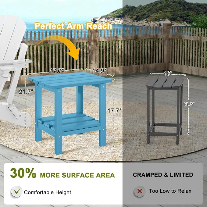 Set of 2 Outdoor Side Table, 2-Tier Small Patio End Table, Weather Resistant HDPE Adirondack Outdoor End Tables for Garden, Lawn, Pool, Beach, Porch, Deck, Backyard - Square, Turquoise