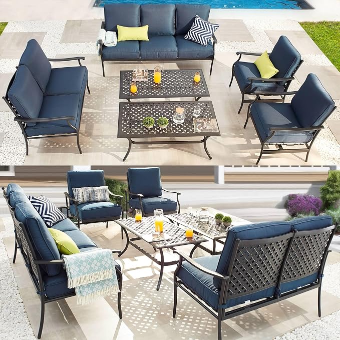 Patio Conversation Set 6 Pieces Metal Outdoor Furniture Seating Sets with Blue Thick Cushions, Rocking Chairs & Coffee Table & Loveseat