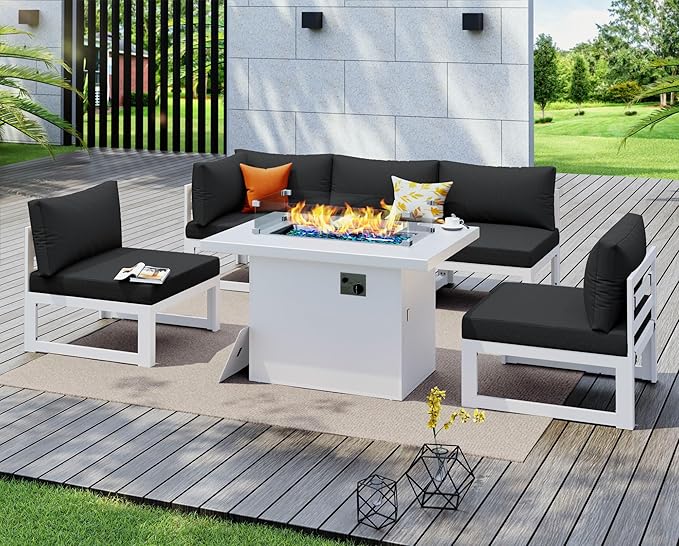 NICESOUL® 6 Piece Extra-Large White Aluminum Outdoor Patio Sectionals with Firepit Table Propane/Natural Gas, 29'' Deep Wide Seated Modular Sofa Conversation Set, 500lbs L Shaped Couches, Black