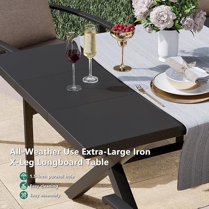 Kullavik 14PCS Outdoor Dining Set,Patio Dining Table and Chairs Set for 12,Fence Pattern Back Chairs with Thickened Cushions & Rectangular Metal Dining Table with Umbrella Hole for Patio,Sand
