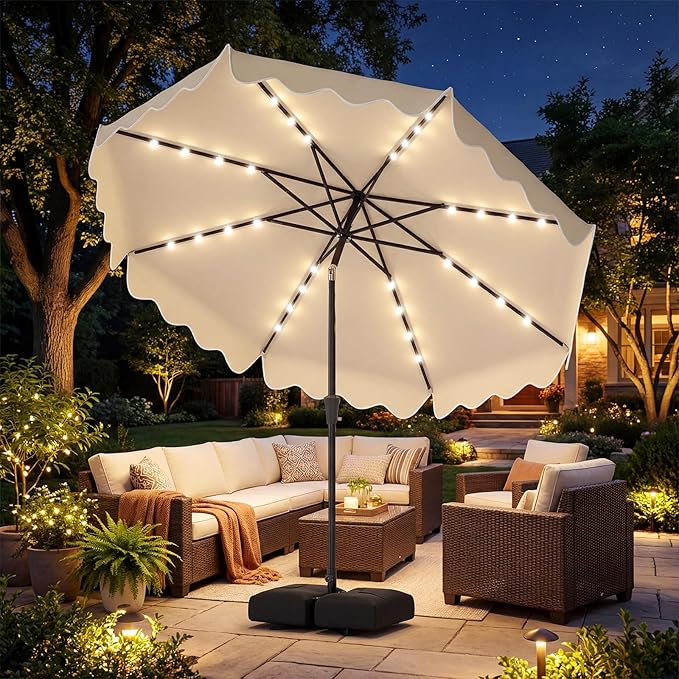 Tangkula 10 FT Solar Patio Umbrella with Base Included, 2-Tiers Outdoor Scalloped Table Umbrella with 32 LED Lights, 2 Sandbags, Tilt Adjustment, Crank, 8 Ribs for Market Backyard Pool Deck Beach Lawn (Beige, 10 FT)