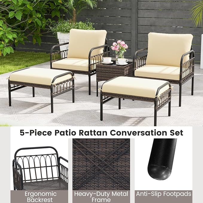 Tangkula 5 Piece Patio Conversation Set, Outdoor Wicker Chair Set w/Ottomans & Coffee Table, Comfy Seat & Back Cushions, Patio Wicker Woven Furniture Set for Backyard, Poolside (Beige)