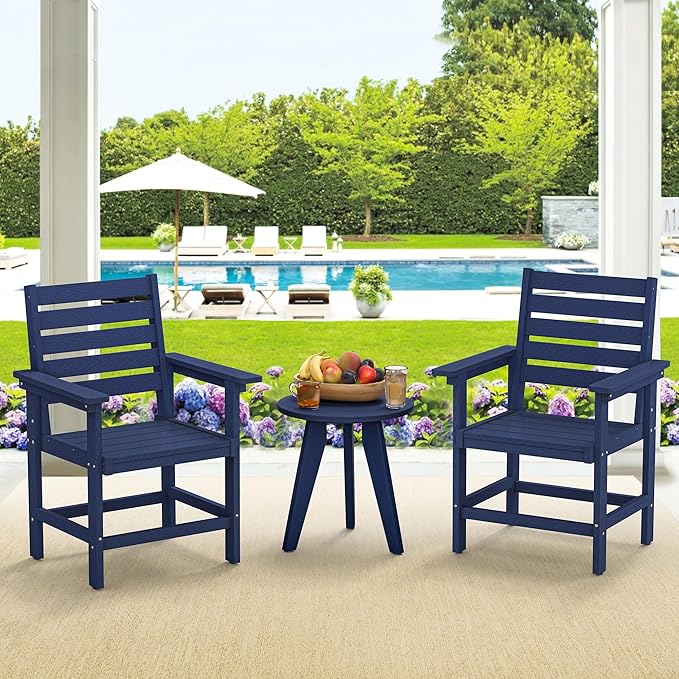Patio Dining Chairs Set of 2, HDPE Weather Resistant Outdoor Chairs with Armrest, Heavy Duty 300LBS Support Patio Chairs for Backyard Deck Porch Balcony, Navy
