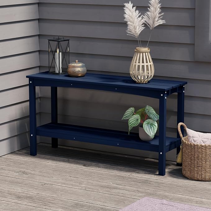 Costaelm Adirondack Outdoor Side Table, 55” HDPE Small Outside Table with Storage Shelf, Weather Resistant Plant Shelf, Outdoor Coffee Table and Buffet Table for Pool & Yard, Navy Blue