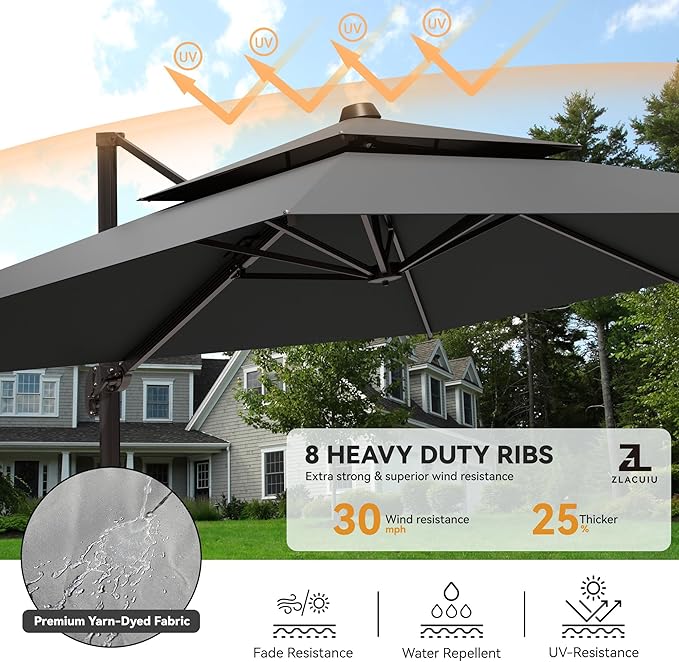 9x12FT Grey Cantilever Outdoor Patio Umbrella with Base, Large Rectangular Offset Design, Double Top Heavy Duty Aluminum Frame & 360° Rotation for Pool Garden Deck Backyard, Beige