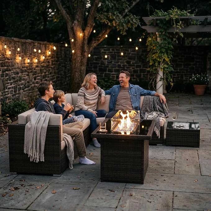 10 Pieces Patio Furniture Set with 44" Propane Gas Fire Pit Table, Outdoor Sectional Brown Rattan Wicker Conversation Sofa Sets with Coffee Table
