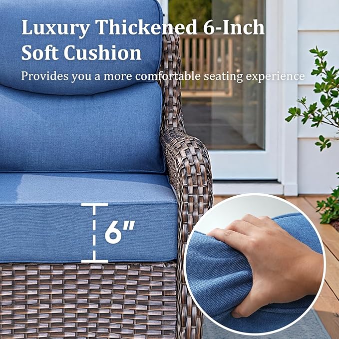 71'' Patio Couch Outdoor Wicker Sofa, Heavy Duty All-Weather Rattan 3-Seater Sofa with Deep Seating and Removable Cover, Outdoor Patio Furniture for Deck Porch Sunroom Backyard Brown/Blue