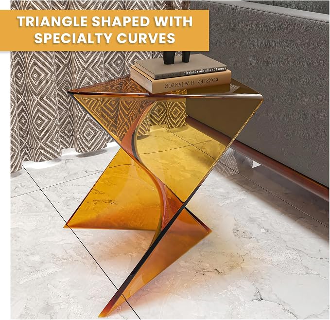 LeisureMod 15.75" Triangular Side Table, Stackable Plastic Accent End Table for Indoor & Outdoor Use, Weather-Resistant Modern Patio & Living Room Table, Set of 4, Tea (Transparent)