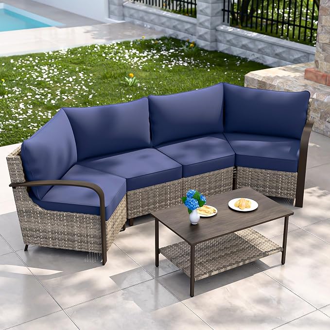 COOS BAY Aurora Terrace 4 Piece Outdoor Sectional Furniture Set, Half Moon Rattan Wicker Conversation Set with 4 Seat Sofa & Coffee Table for Patio Garden Yard, Beige/Blue